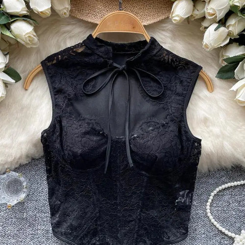 Load image into Gallery viewer, New Chinese Style Vintage Women Black Lace Elegant Sleeveless Tops Summer Sexy Club Vacation Asymmetric Bandage Vest Clothing

