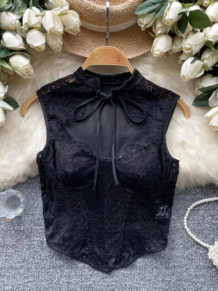 New Chinese Style Vintage Women Black Lace Elegant Sleeveless Tops Summer Sexy Club Vacation Asymmetric Bandage Vest Clothing