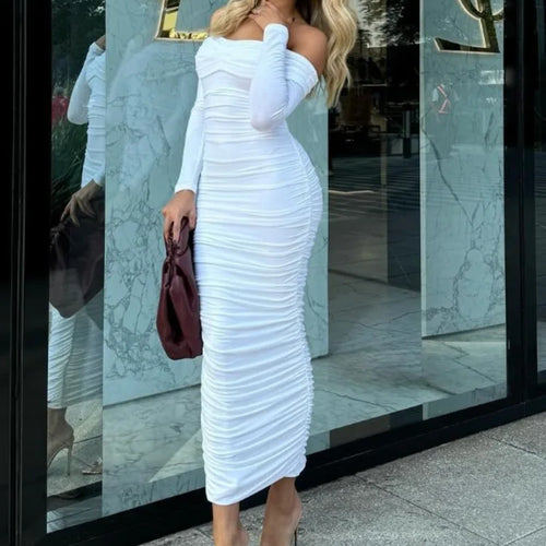 Load image into Gallery viewer, Elegant Long Sleeve Bodycon Party Club Evening Dress Solid Color Sexy Off Shoulder Dress Slim Spring New 2025 Clothing
