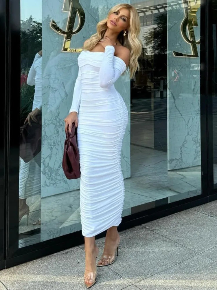 Elegant Long Sleeve Bodycon Party Club Evening Dress Solid Color Sexy Off Shoulder Dress Slim Spring New 2025 Clothing