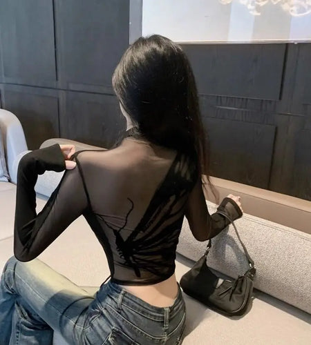 Half Turtleneck Sweet Y2k Aesthetic T-shirt Harajuku Gauze Butterfly Design Women Crop Top New Vintage Sexy Streetwear Slim Tees