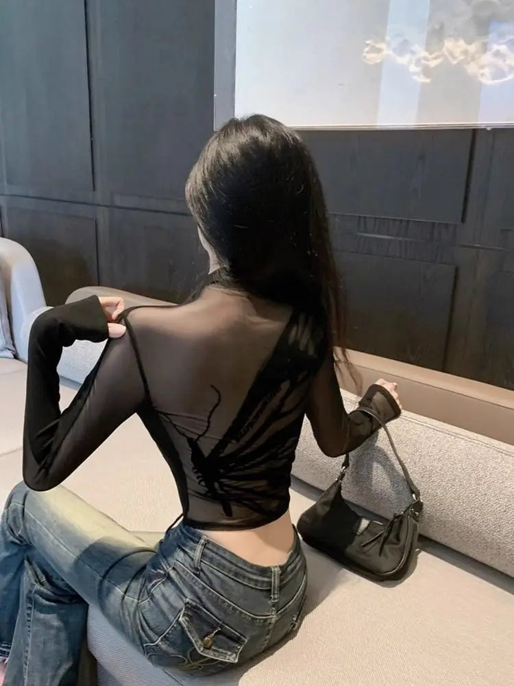 Half Turtleneck Sweet Y2k Aesthetic T-shirt Harajuku Gauze Butterfly Design Women Crop Top New Vintage Sexy Streetwear Slim Tees