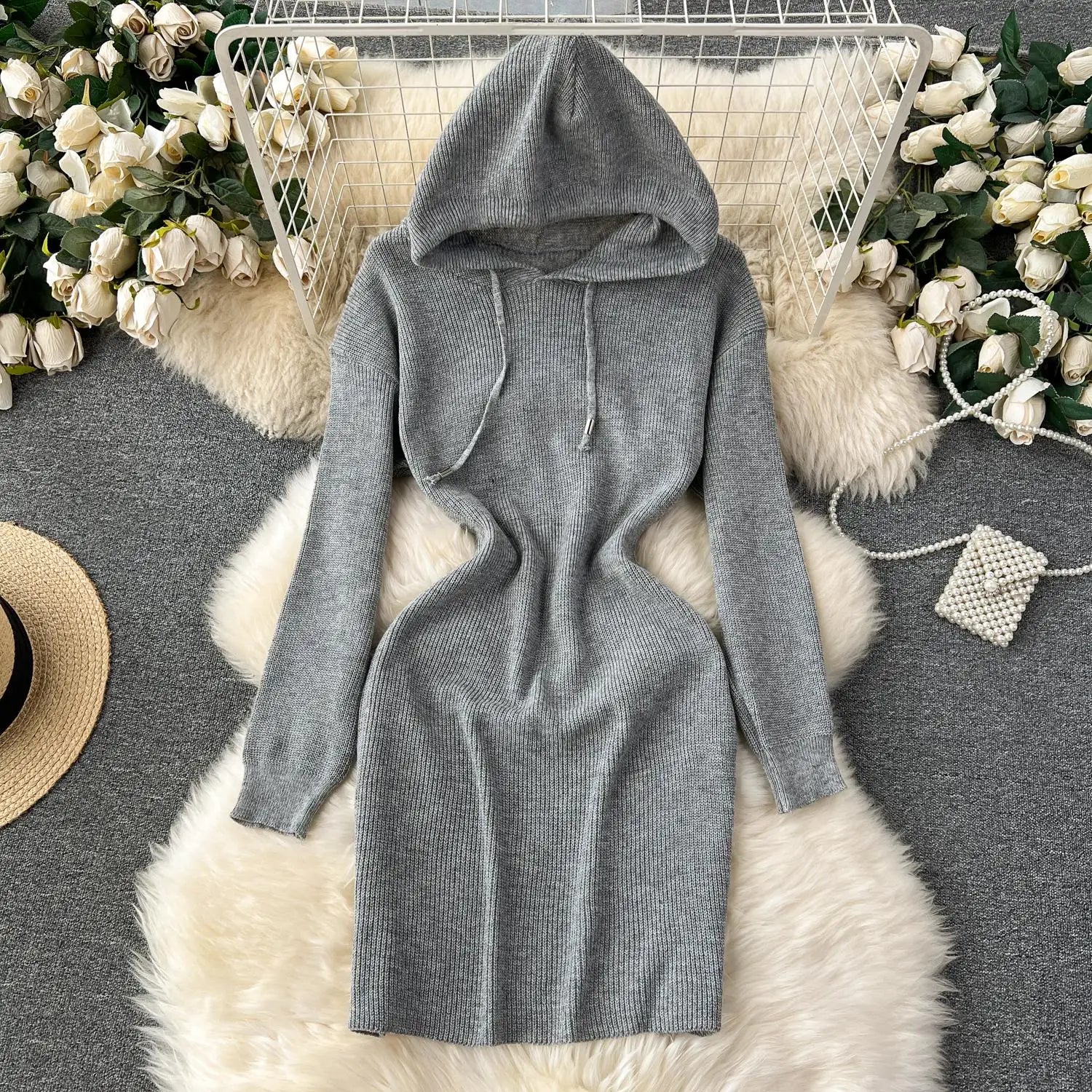 Autumn New White Slim Elegant Long Sleeve Hooded Mini Dress Women Black Elegant Slim Gray Knit Hip Wrap Dresses Popular Fashion