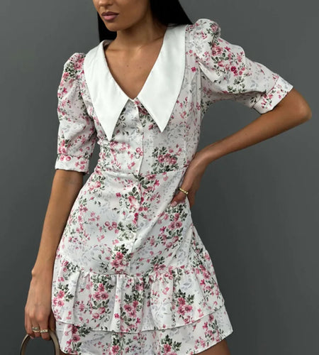 Short Sleeve Floral Mini Dress For Women Robe Turn-down Collar Elegant French Dress Ladies Fashion High Waist Dresses