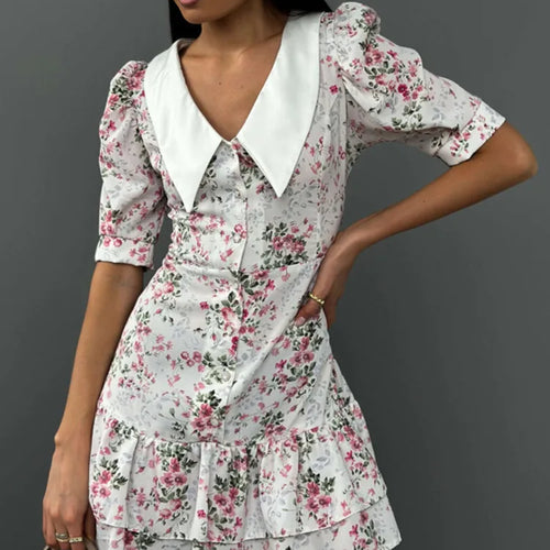 Load image into Gallery viewer, Short Sleeve Floral Mini Dress For Women Robe Turn-down Collar Elegant French Dress Ladies Fashion High Waist Dresses
