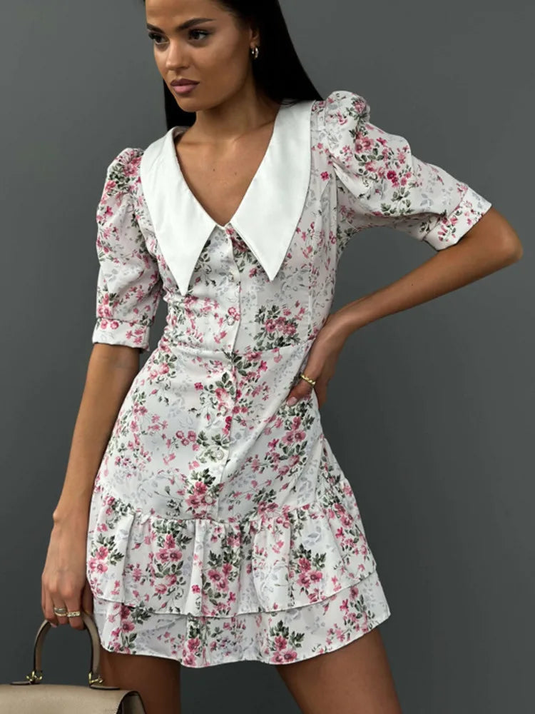 Short Sleeve Floral Mini Dress For Women Robe Turn-down Collar Elegant French Dress Ladies Fashion High Waist Dresses