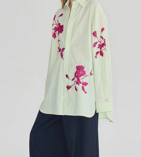 Hit Color Loose Spliced Embroidery Shirts for Women Lapel Long Sleeves Patchwork Single Breasted Shirt Female New