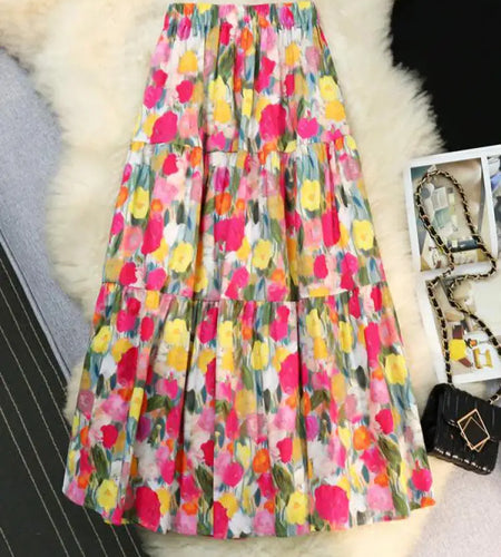 Spring Summer French Retro Print Elegant Long Skirts Women Festival Elastic High Waist Party Slim A-line Pleated Skirt Bohemian