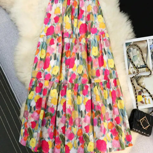 Load image into Gallery viewer, Spring Summer French Retro Print Elegant Long Skirts Women Festival Elastic High Waist Party Slim A-line Pleated Skirt Bohemian
