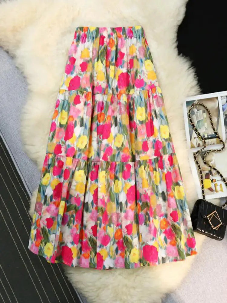 Spring Summer French Retro Print Elegant Long Skirts Women Festival Elastic High Waist Party Slim A-line Pleated Skirt Bohemian