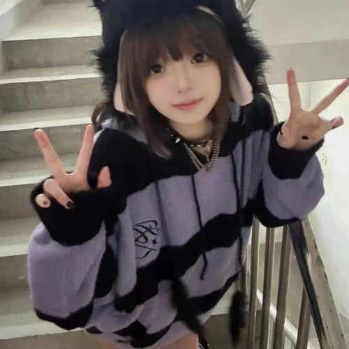 Load image into Gallery viewer, Streetwear Contrast Color Stripe Grunge Sweaters Y2k Aesthetic Loose Casual Pullovers Women Drawstring Hooded Harajuku Jumpers
