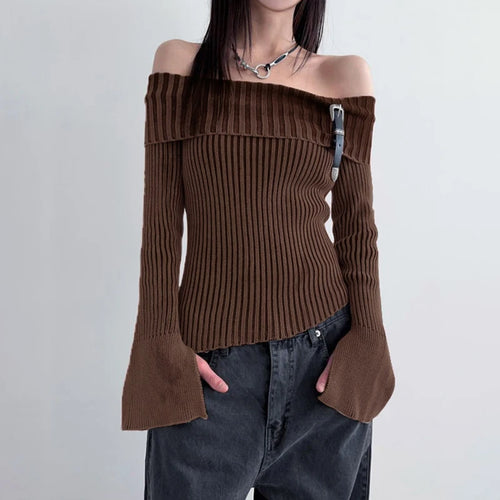Load image into Gallery viewer, Vintage Fashion Brown Autumn Sweater Women Stripe Buckle Slim Knitting Off Shoulder Jumper Harajuku Pullover Clothing
