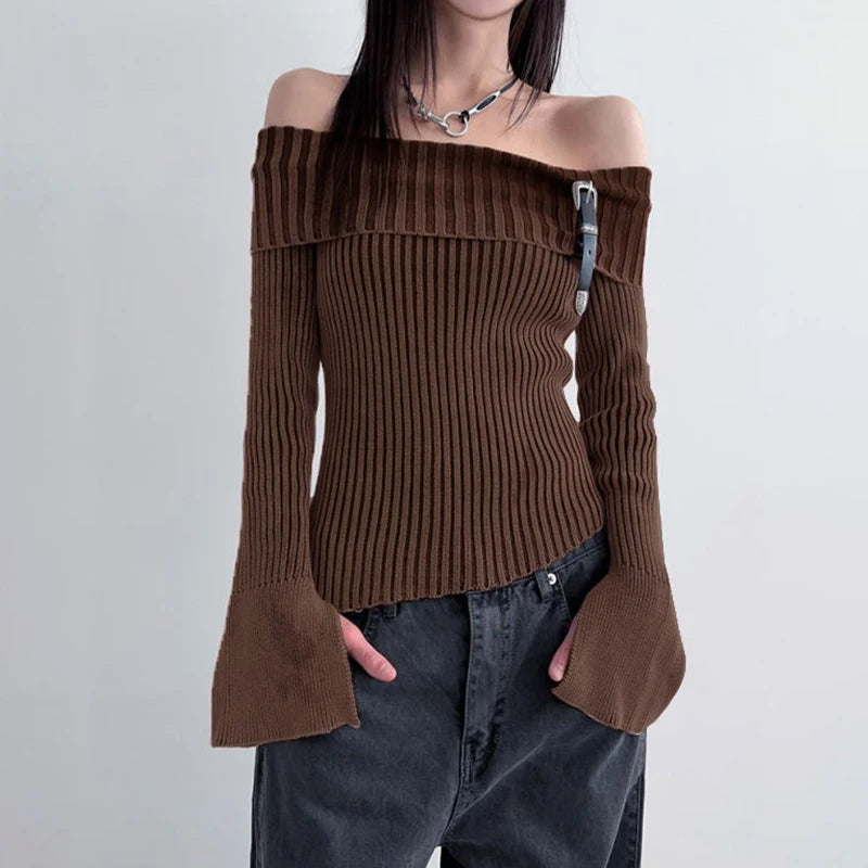 Vintage Fashion Brown Autumn Sweater Women Stripe Buckle Slim Knitting Off Shoulder Jumper Harajuku Pullover Clothing
