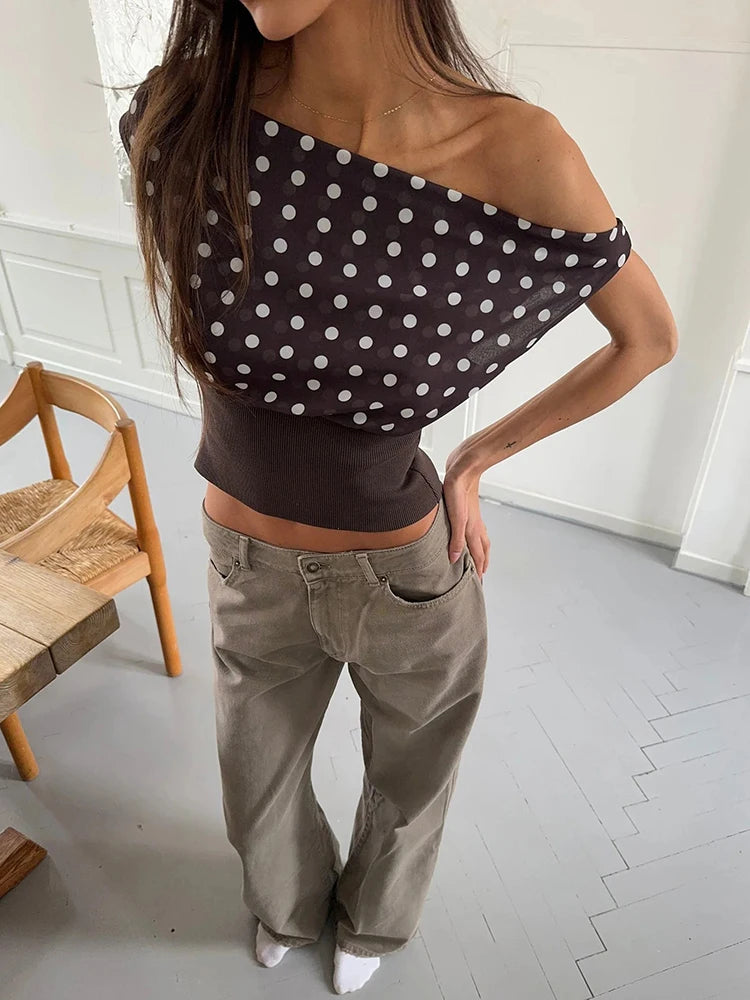 Backless Polka Dot Crop Tops Women Vest Fashion Summer New Oblique Shoulder Sleeveless Tank Tops Pullovers Female