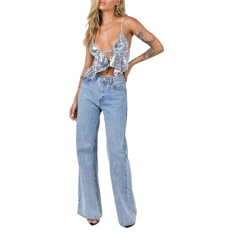 Sparkle Crop Tops for Women y2k Vest Sequin Spaghetti Strap Sleeveless Camisole Tie Up Backless Shirts 2000s Clubwear