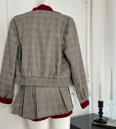 Women Autumn Winter 2024 New French Gray Plaid Splicing Elegant Long Sleeved Top And High Waist Pleated Mini Skirt Two Piece Set