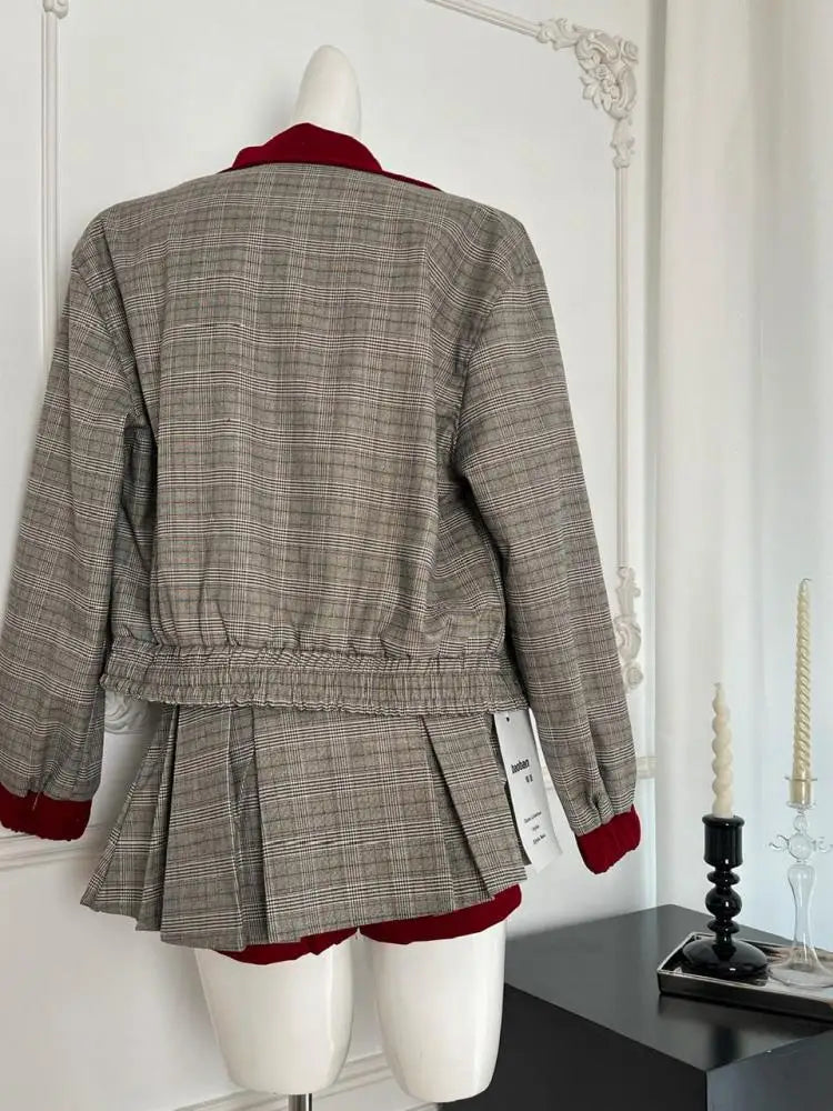 Women Autumn Winter 2024 New French Gray Plaid Splicing Elegant Long Sleeved Top And High Waist Pleated Mini Skirt Two Piece Set