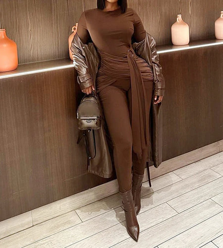 Fashion Brown Fitness Autumn Jumpsuit Women Ring Bandage Sportswear Party Bodysuit Elegant Streetwear Outfits Romper