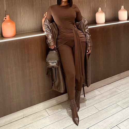 Load image into Gallery viewer, Fashion Brown Fitness Autumn Jumpsuit Women Ring Bandage Sportswear Party Bodysuit Elegant Streetwear Outfits Romper
