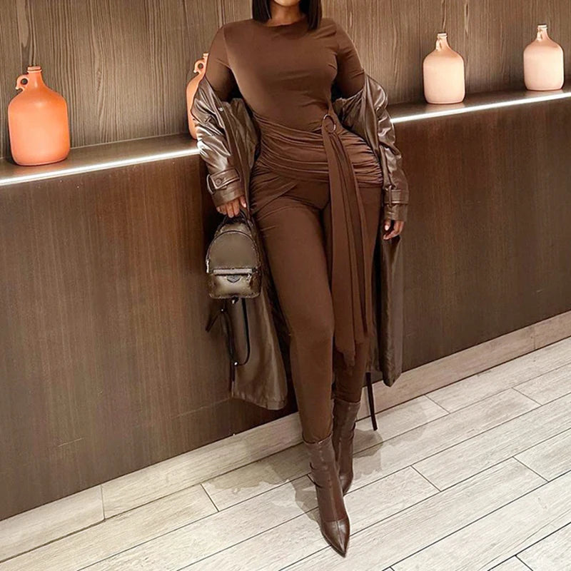 Fashion Brown Fitness Autumn Jumpsuit Women Ring Bandage Sportswear Party Bodysuit Elegant Streetwear Outfits Romper