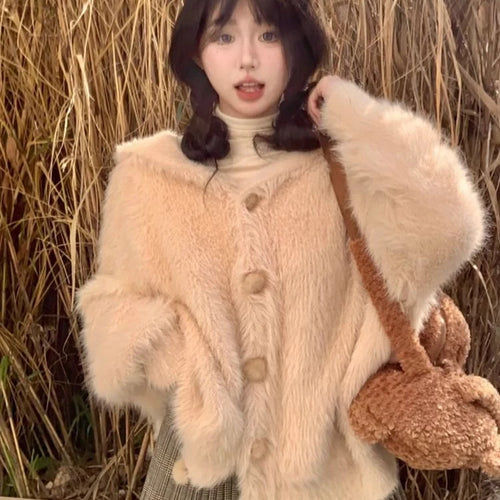 Load image into Gallery viewer, Harajuku Kawaii Fluffy Coat Y2k Aesthetic Fairy Grunge Jacket Warm Outwear Oversized Rabbit&#39;s Ears Hooded Cute Apricot Jackets
