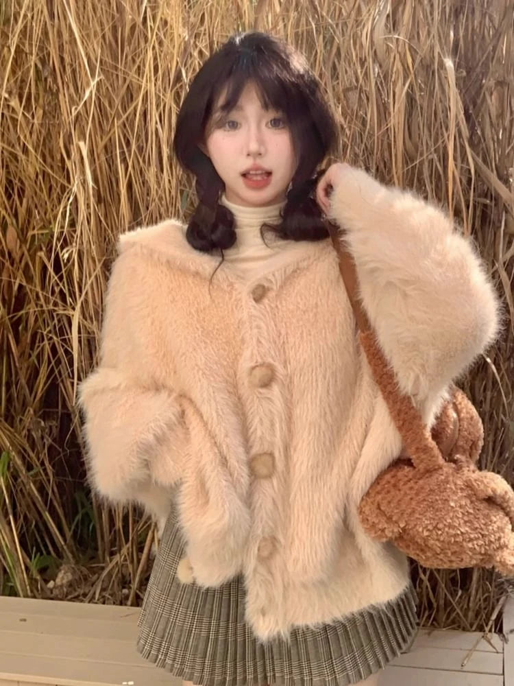 Harajuku Kawaii Fluffy Coat Y2k Aesthetic Fairy Grunge Jacket Warm Outwear Oversized Rabbit's Ears Hooded Cute Apricot Jackets