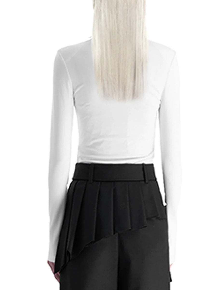 Colorblock Slimming Spliced Necktie Fashion T Shirts for Women Round Neck Long Sleeves Temperament T Shirt Female