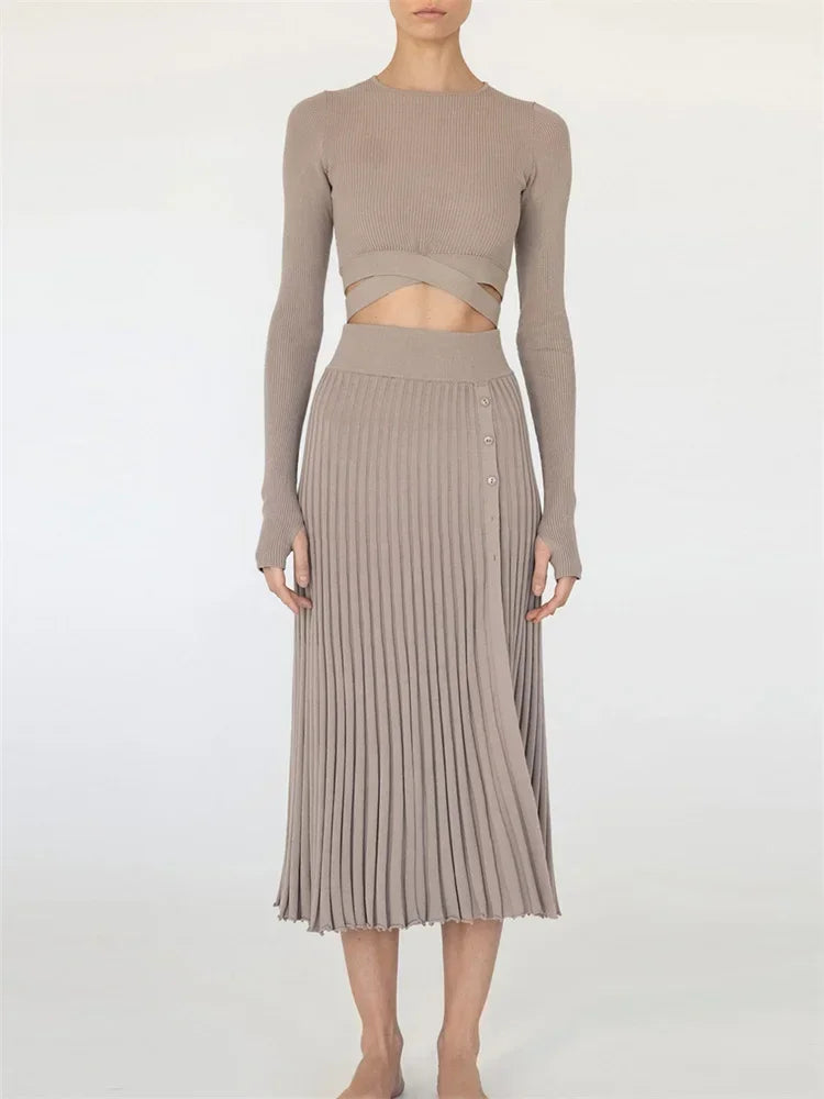White Knit Two Piece Women Sets Fall Ribbed Crop Top And Pleated Knitted Skirt Suits For Women Midi Dress Sets 2022