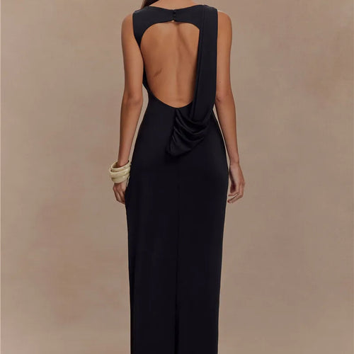 Load image into Gallery viewer, Backless Ruched Sexy Maxi Tank Dress Women Gown Summer New O Neck Thigh High Split Bodycon Elegant Long Dress Fashion
