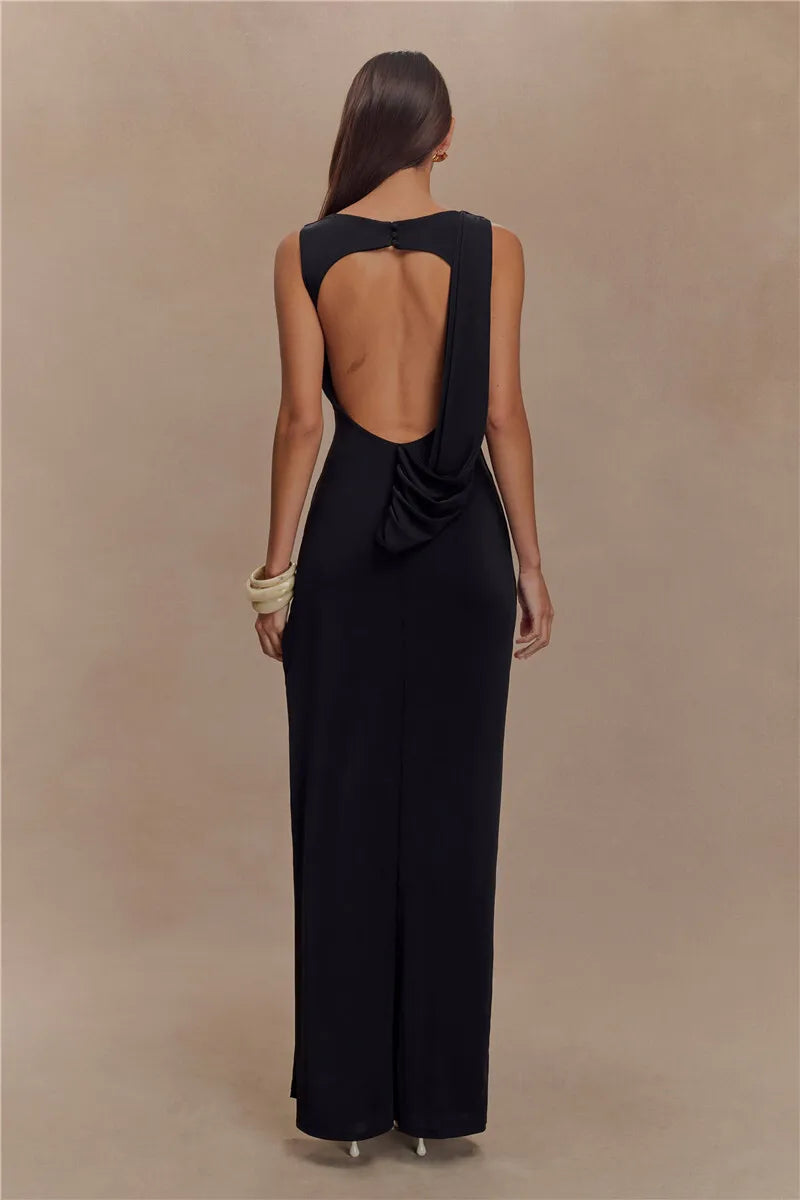 Backless Ruched Sexy Maxi Tank Dress Women Gown Summer New O Neck Thigh High Split Bodycon Elegant Long Dress Fashion