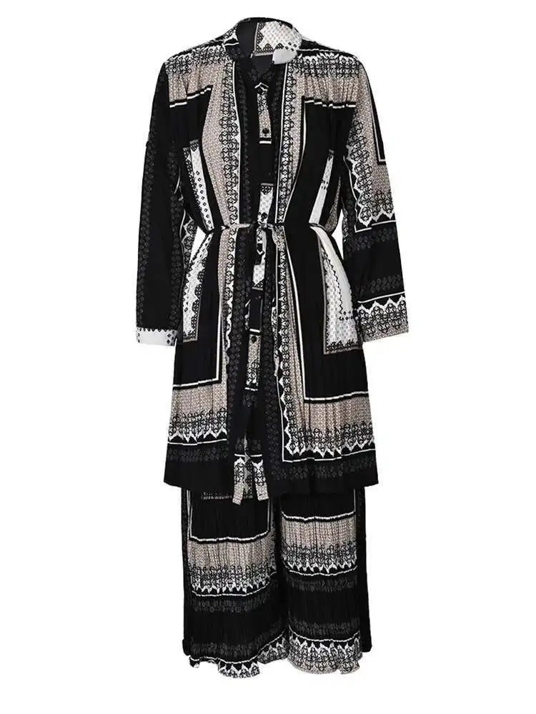 Big Size Printed Pleated Shirt Pants Two Piece Suit New Round Neck Long Sleeve Women Fashion Spring Autumn 2025 3AJ915