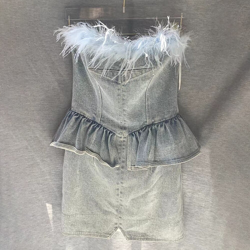 Load image into Gallery viewer, Patchwork Feathers Denim Dresses For Women Strapless Sleeveless High Waist Mini Folds Dress Female Fashion Clothes
