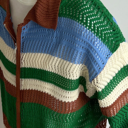 Load image into Gallery viewer, 2025 Contrast Color Striped Dual Zippers Cardigan Japanese Hollow Out Men and Women Jackets Y2k Aesthetic Streetwear Women Tops
