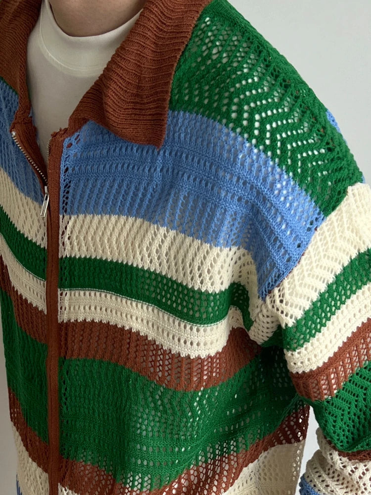2025 Contrast Color Striped Dual Zippers Cardigan Japanese Hollow Out Men and Women Jackets Y2k Aesthetic Streetwear Women Tops