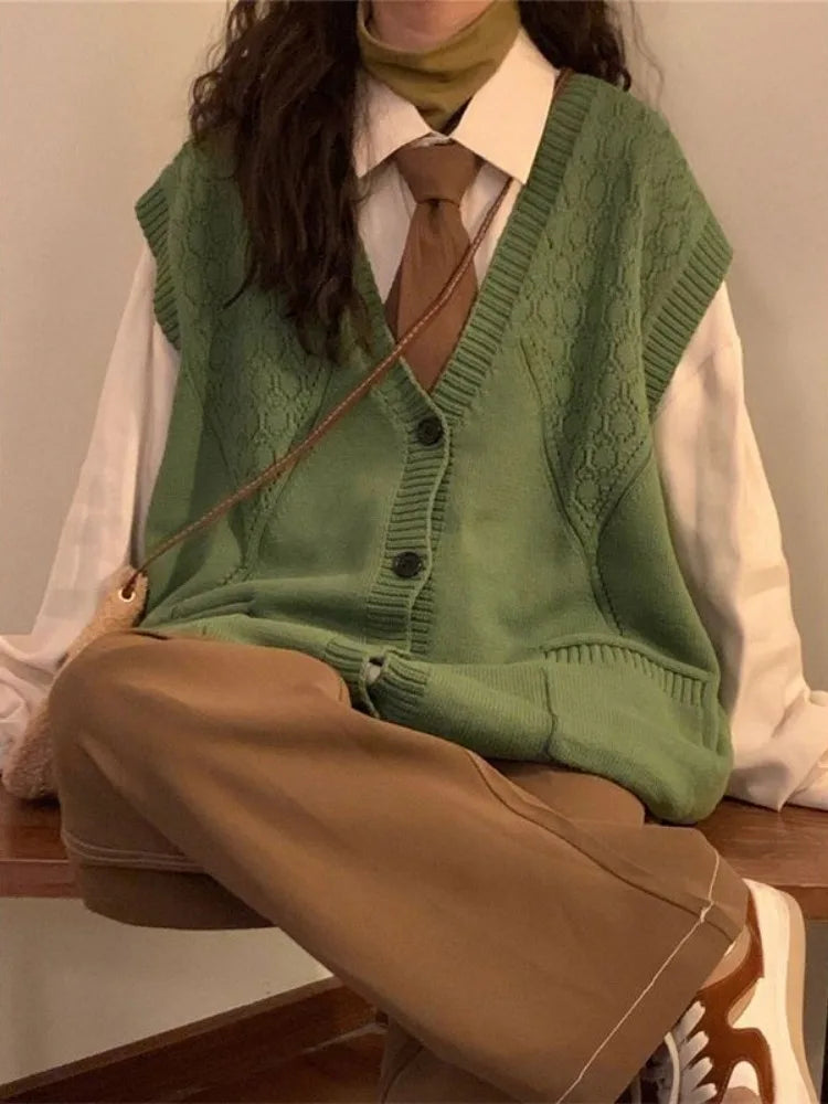 Autumn Grunge Loose Knitted Women's Tanks Casual All Match Sleeveless Pullovers Y2k Aesthetic Harajuku Streetwear Sweater Vest