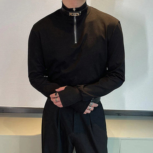 Load image into Gallery viewer, Men&#39;s Mock Neck T-shirt Long Sleeve Tees Solid Color Metal Zipper Design Leather Buckle Spring Business Casual 9W1417
