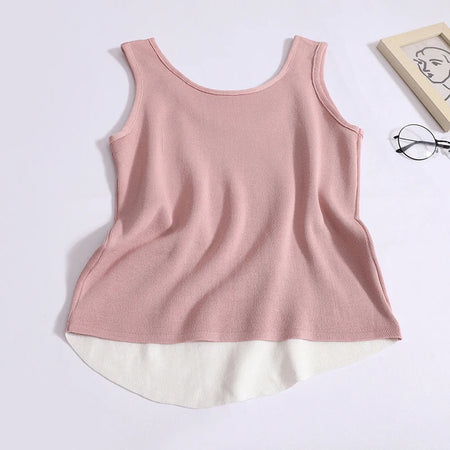Summer Women Patchwork Backless Sleeveless Knit Vest Korean Sexy Club Asymmetrical Tank Tops Vintage Fashion Versatile Clothes