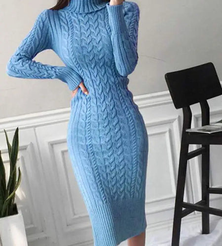 Autumn Winter Korean Blue Pink High Neck Slim Long Sleeve Dresses Women Retro Blue Temperament Wrap Hip Knitted Dress Simplicity
