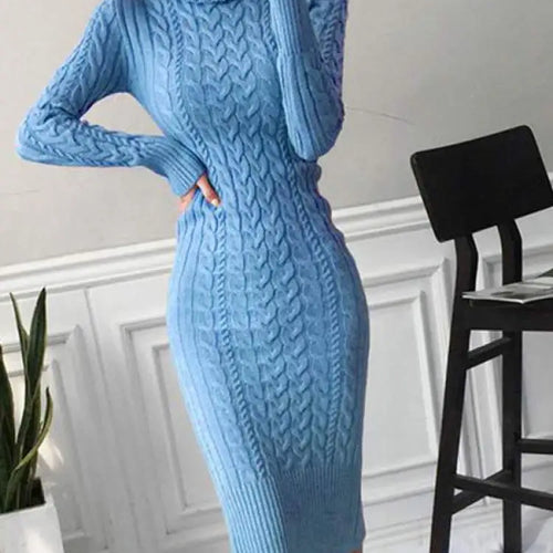 Load image into Gallery viewer, Autumn Winter Korean Blue Pink High Neck Slim Long Sleeve Dresses Women Retro Blue Temperament Wrap Hip Knitted Dress Simplicity
