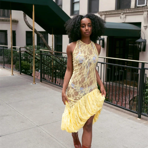 Load image into Gallery viewer, Lace See Through Ruffle Sexy Midi Dress Women Gown Summer Fashion High Waist Slim Thigh High Split Elegant Long Dress
