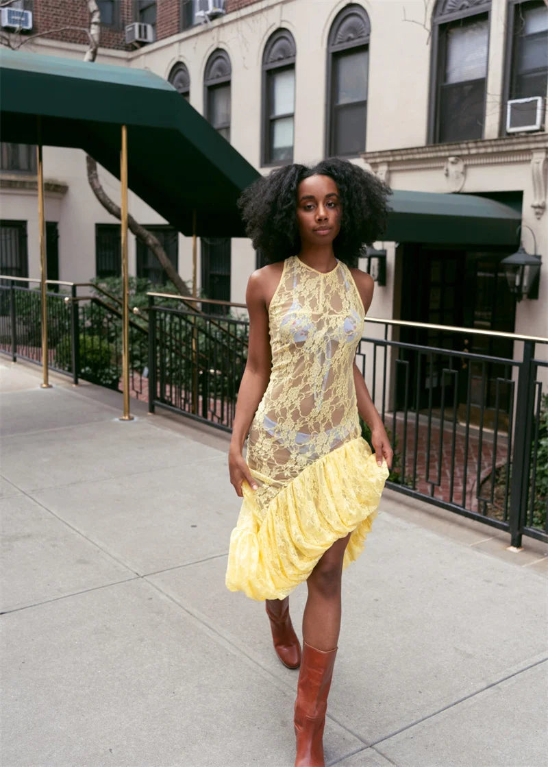 Lace See Through Ruffle Sexy Midi Dress Women Gown Summer Fashion High Waist Slim Thigh High Split Elegant Long Dress