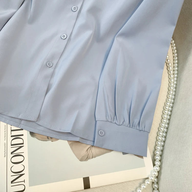 Spring Blue Patchwork Lace Shirt Women Elegant Doll Collar Long Sleeved Blouses Korean Preppy Style Button Cute Tops Retro Trend