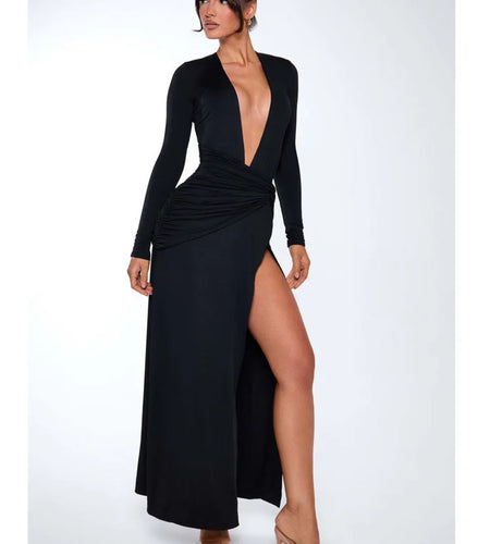 Elegant Re High Slit Bodycon Party Club Evening Dress Female Sexy Deep V Slimming Autumn/Winter 2025 New Women Vestdos