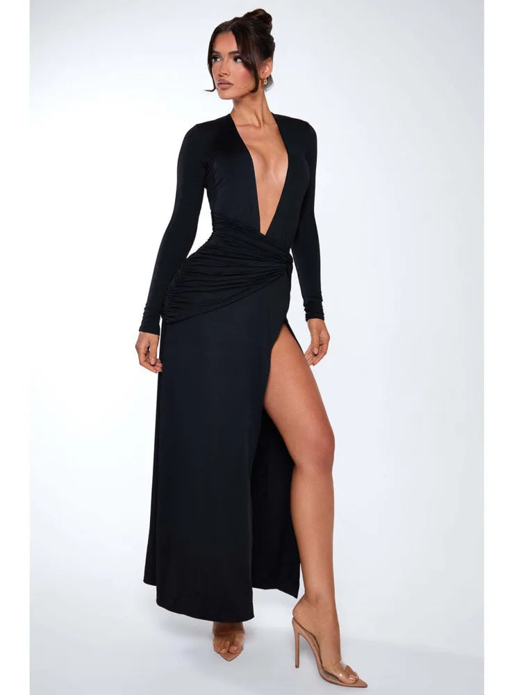 Elegant Re High Slit Bodycon Party Club Evening Dress Female Sexy Deep V Slimming Autumn/Winter 2025 New Women Vestdos