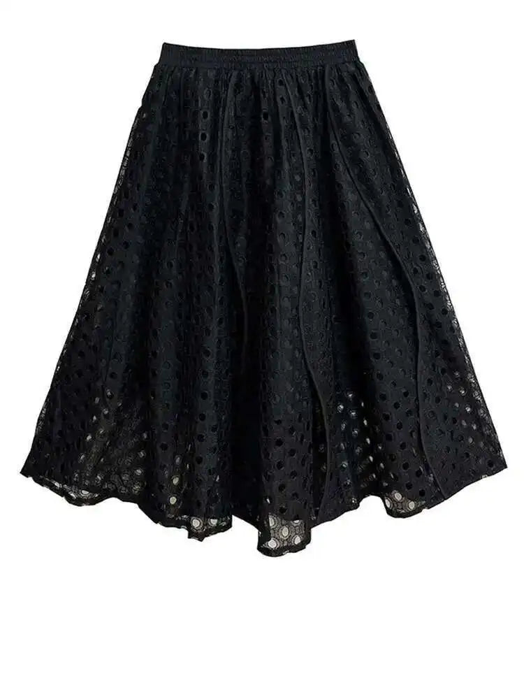High Elastic Waist Black Lace Hollow Out A-line Elegant Half-body Skirt Women Fashion Tide New Spring Autumn 2025 1DH8738