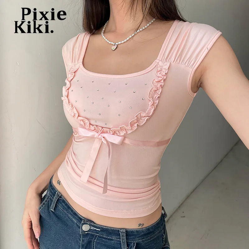 Rhinestone Crop Top Y2k Coquette Baby Pink Bow Ruffle Sleeveless T Shirts for Women Clothes Summer 2024 P84-BC10