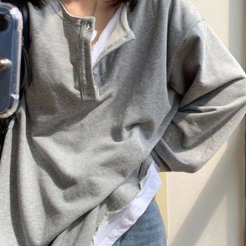 Load image into Gallery viewer, Women Fake 2 Pieces Gray Hoodies Spring Autumn Loose Chic Button Japanese Style Trendy Top Cozy Harajuku Sweatshirt
