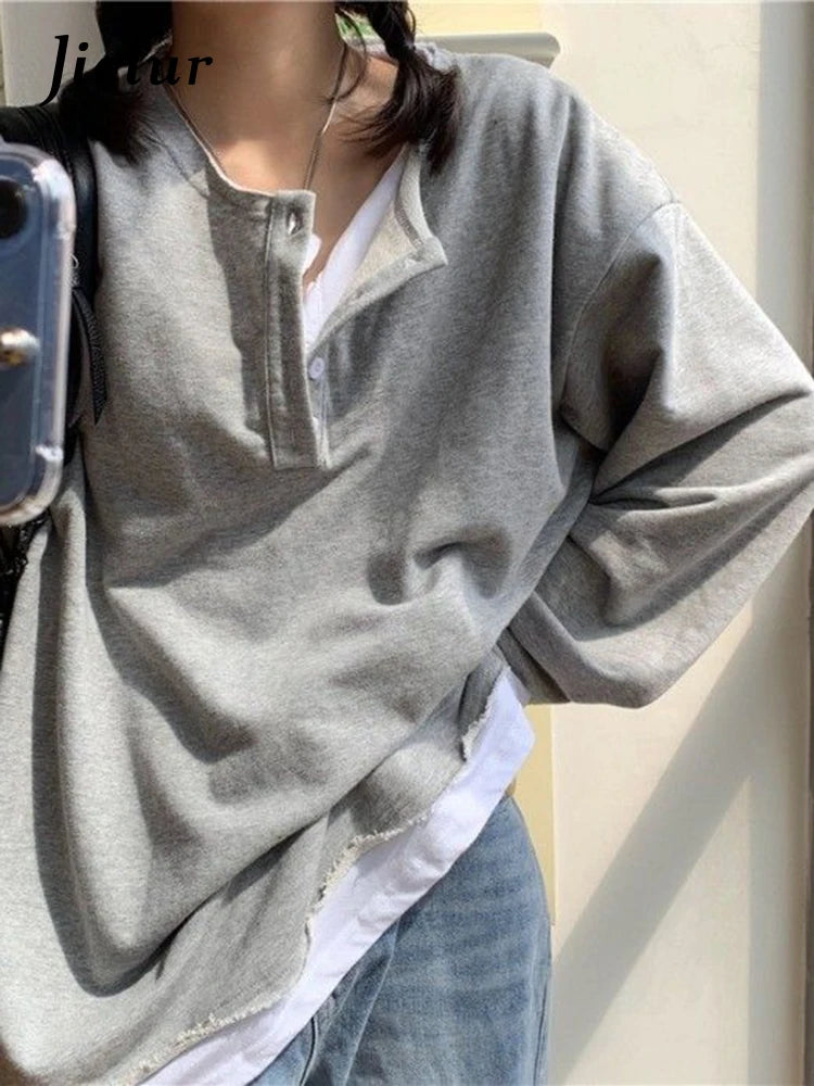 Women Fake 2 Pieces Gray Hoodies Spring Autumn Loose Chic Button Japanese Style Trendy Top Cozy Harajuku Sweatshirt