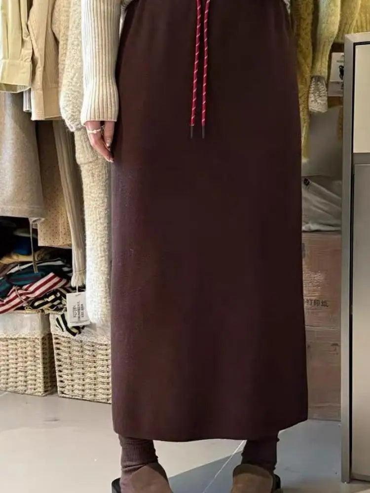Korean Solid Drawstring Lace-up Elegant High Waist Long Skirt Women Versatile Split Skirt Streetwear 2024 Fashion Autumn Winter