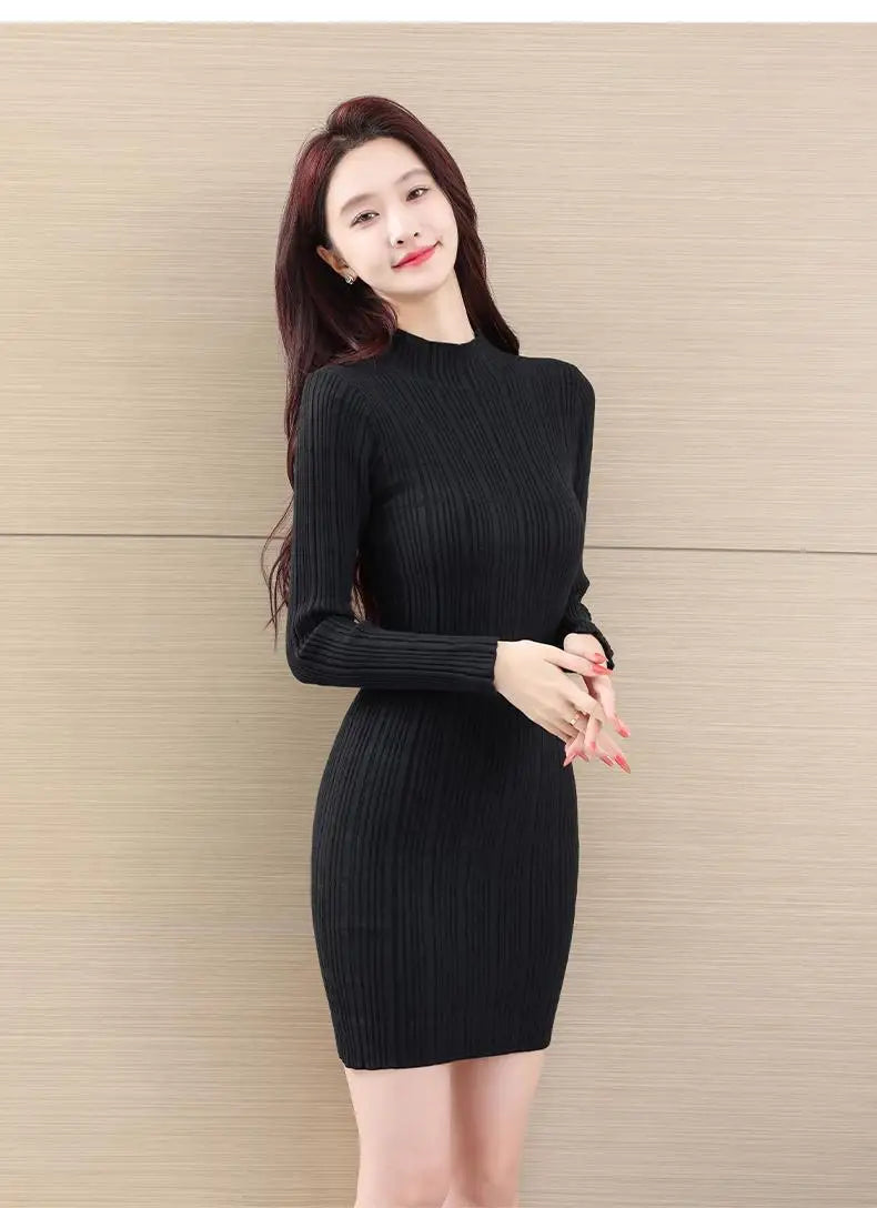 Female Elegant Solid Knitted Short Dress Fashion Half High Neck Long Sleeve Mini Dresses 2023 Autumn Winter Women Party Club New